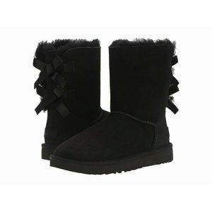 UGG Women Bailey Bow II Winter Boot 1016225 Black Leather Suede Shearling Size 8